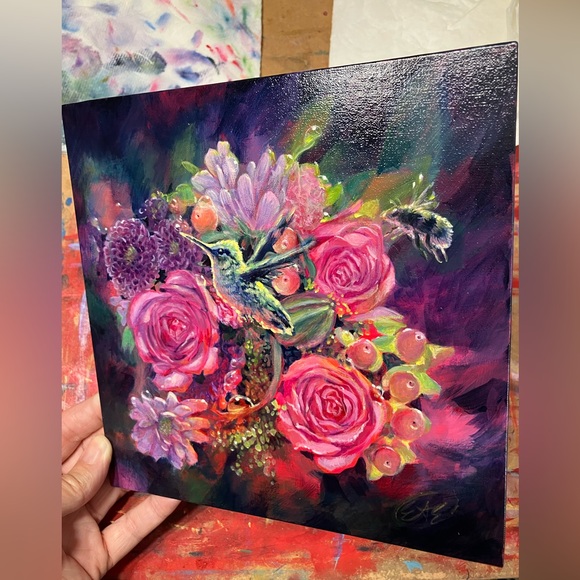 Original hummingbird floral painting bumblebee ladybug bouquet flowers gift USA - Picture 4 of 8